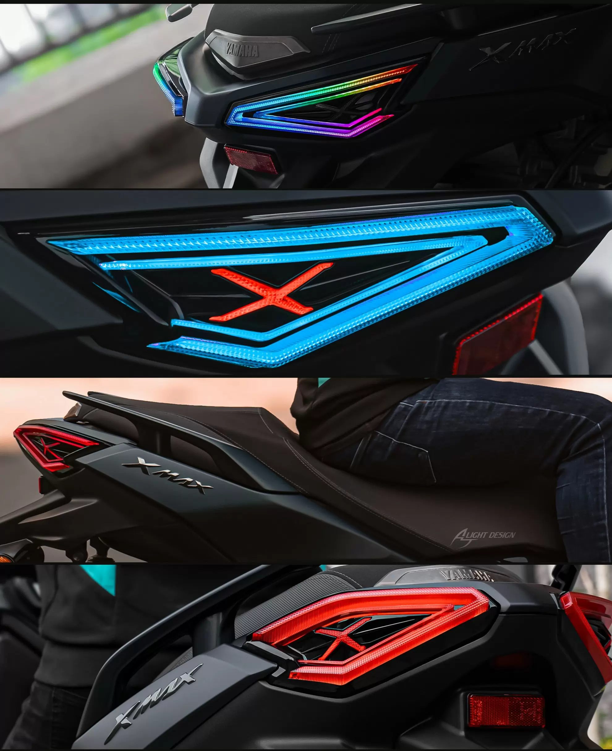 Side view of installed XMAX rear light in urban night scene