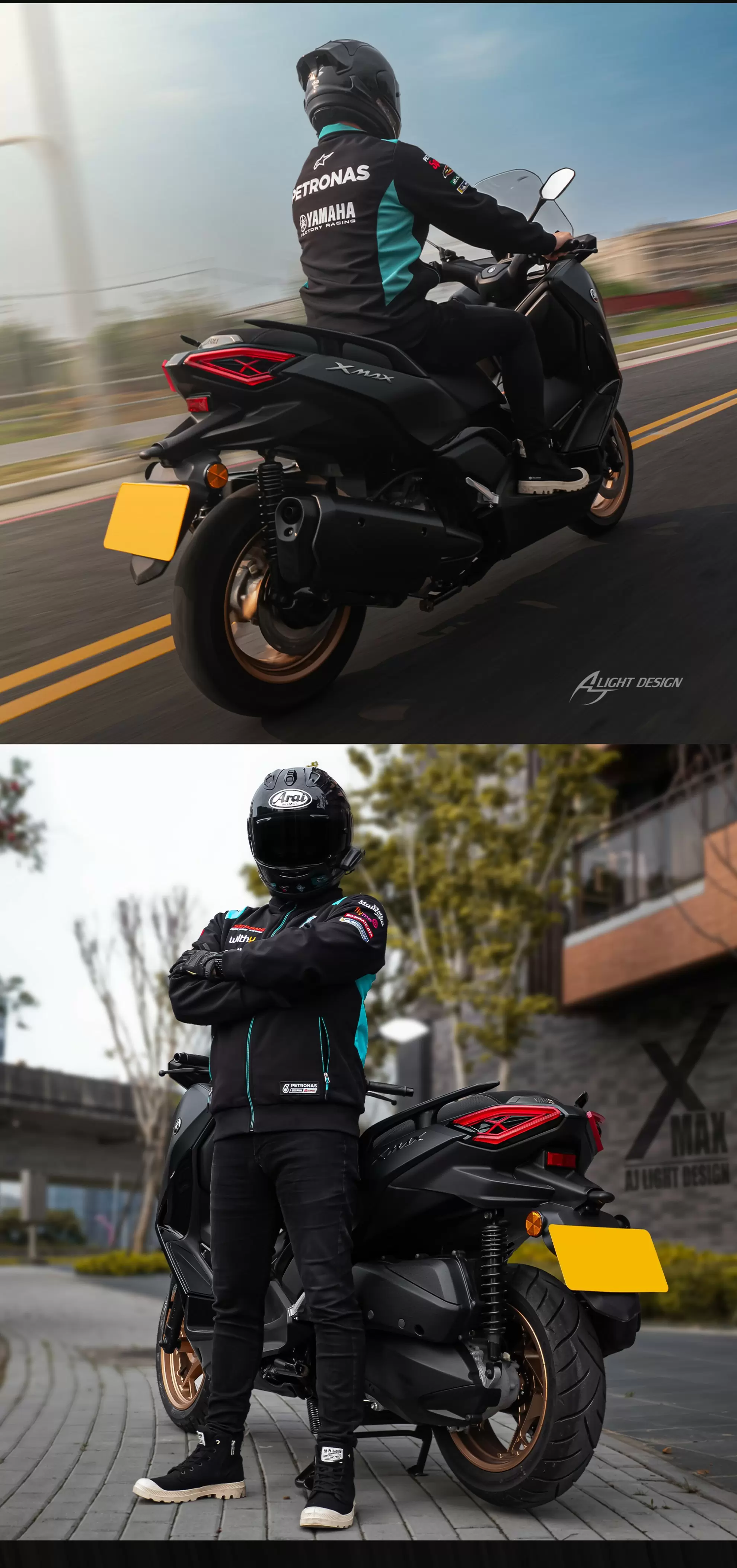 Side view of installed XMAX rear light in urban night scene